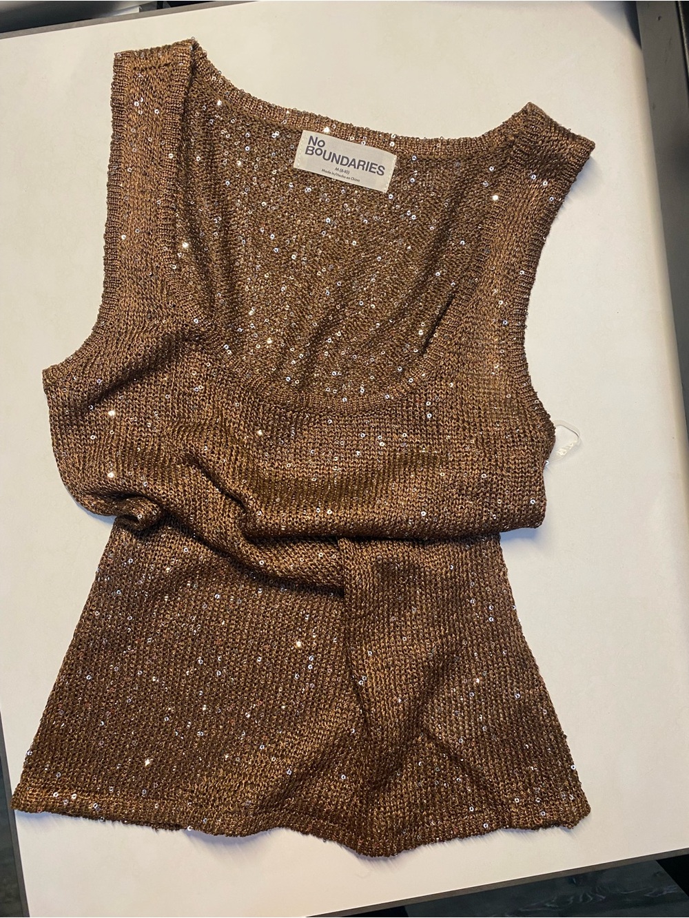 Women's No Boundaries Sparkling Sequined Obsidian Brown Knit Tank Top XS NWT